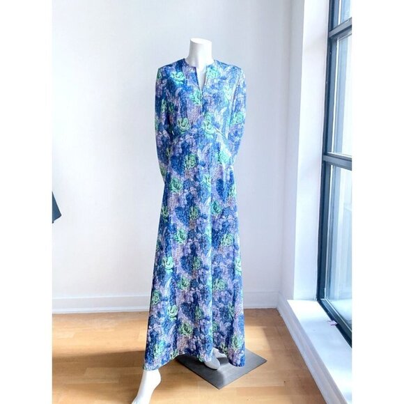 Vintage Abstract Floral Rose print Blue Green Long  Sleeve Maxi M - Picture 2 of 8